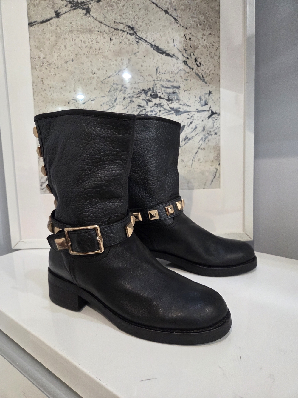 Medea Black Studded Genuine Leather Mid-Calf Boots Sz 38